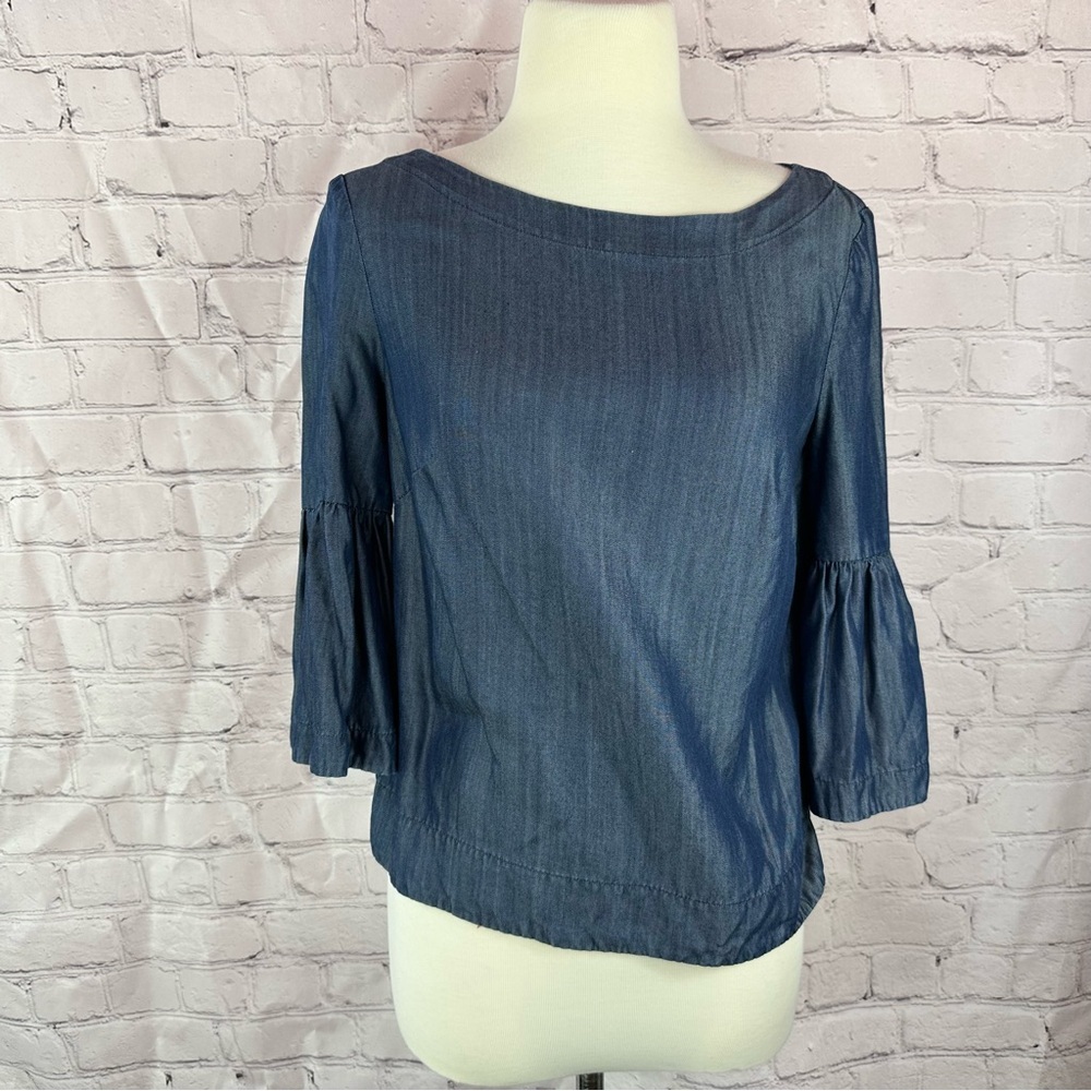 White House Black Market Denim-Effect Boatneck Blouse women 2 bell sleeve boho